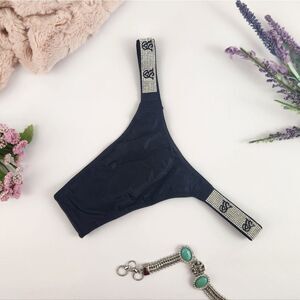 EXTRA SMALL {Victoria's Secret} Black Shiny {Rhinestones} Straps Brazilian Panty